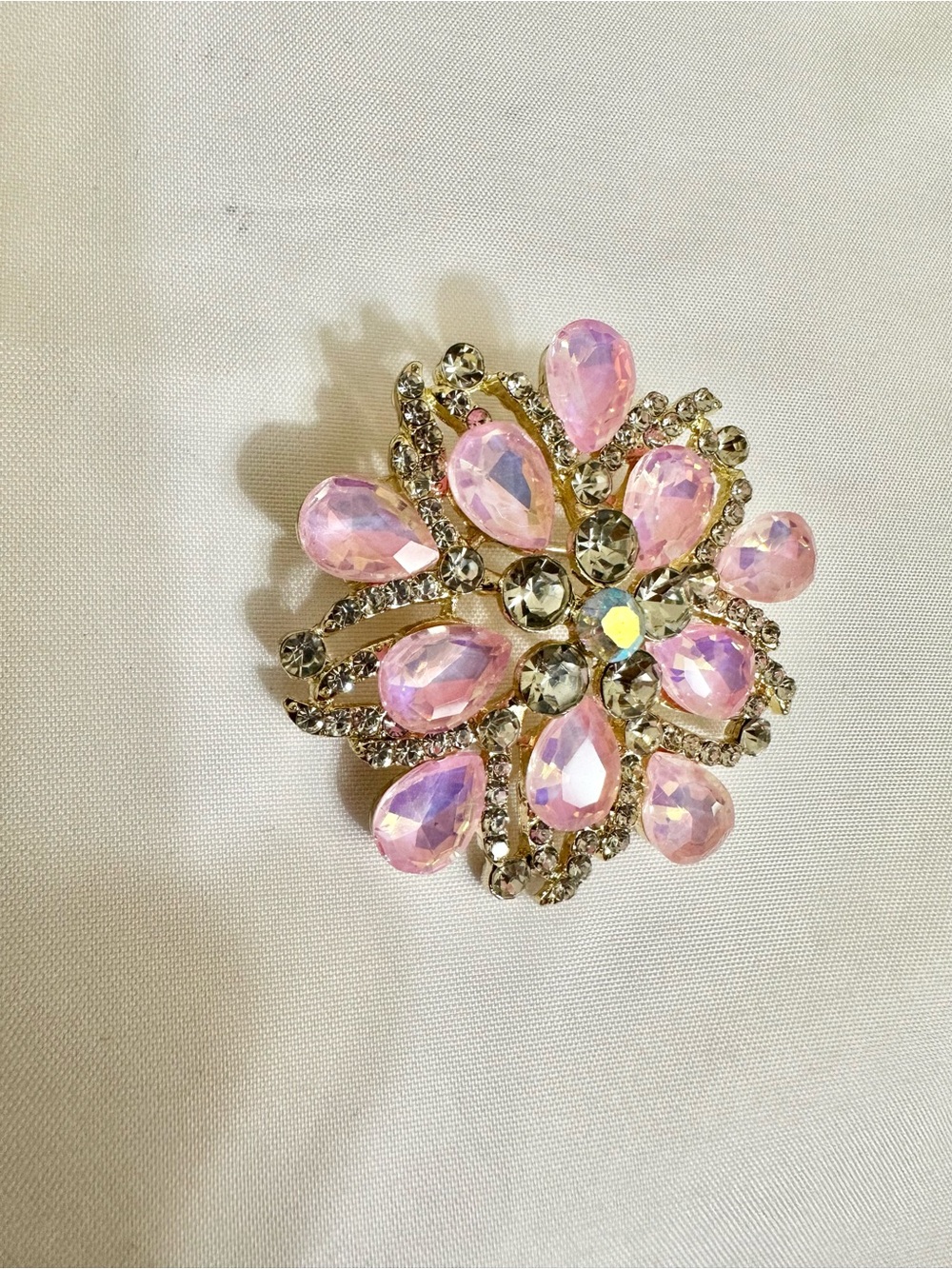 Pink Teardrop Crystal Flower Brooch with Gold Accents